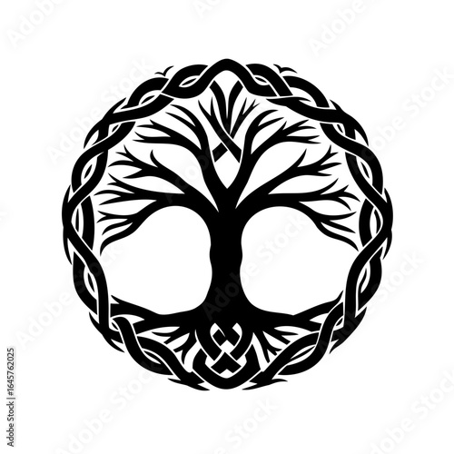Mystical Yggdrasil Black Tree of Life with Interwoven Celtic Knot Circle