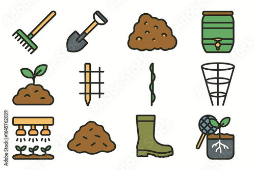 Gardening tools and supplies: rake, shovel, compost, water barrel, plant, boots, trellis