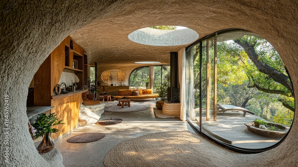 Obraz premium Interior view of a modern cave house with large windows and natural light