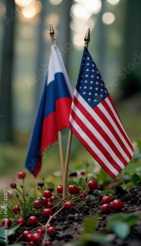 Flags of the USA and Russia represent an international partnership in Alaska