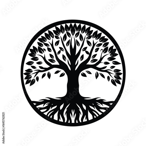 Stylized Tree of Life within a Circle, Roots and Leaves, Black Silhouette