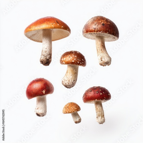 Assorted mushrooms in various sizes and colors, levitating against a white background