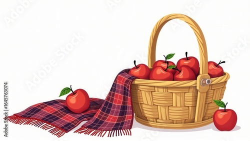 Cartoon illustration of a basket full of bright red apples and a checkered blanket decor