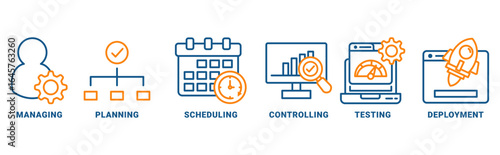 Release management icon set vector concept with icon of managing, planning, scheduling, building, testing, preparing and deployment 