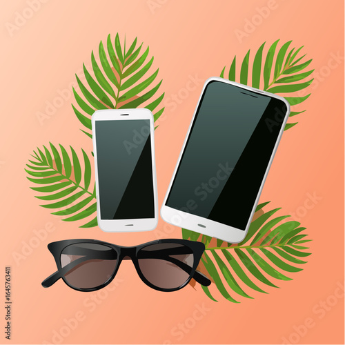 Smartphone and beachfront accessories on light background
4