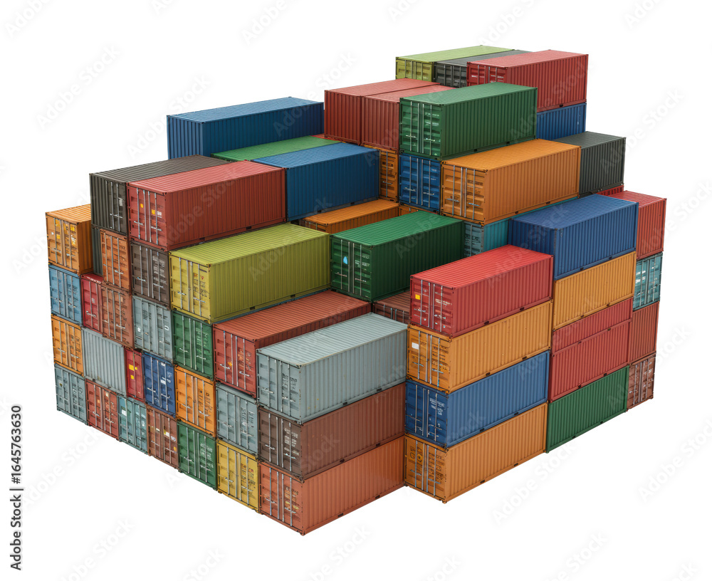 Fototapeta premium Freight container stacking event warehouse 3d visualization urban environment aerial logistics concept. Cut out png