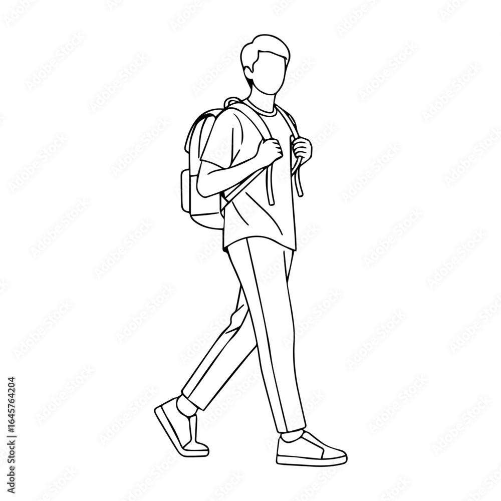 Obraz premium Line art illustration of a young man walking with a backpack, perfect for educational or lifestyle content