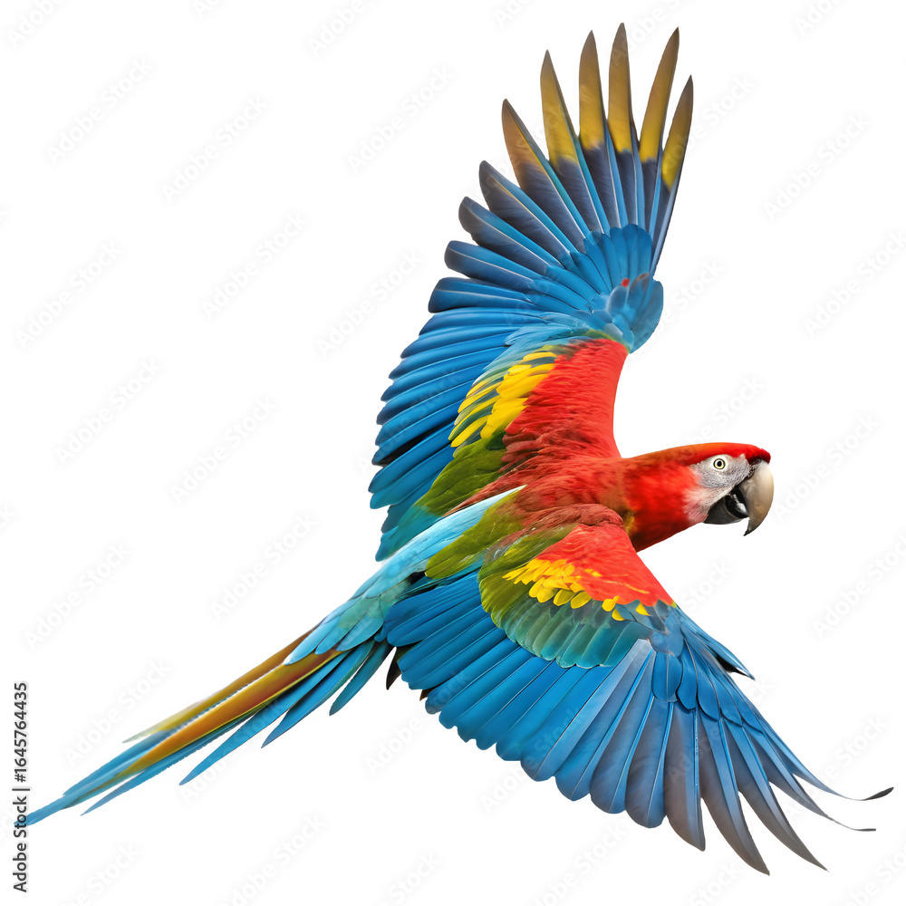 Obraz premium Vibrant scarlet macaw parrot in flight against a black background
