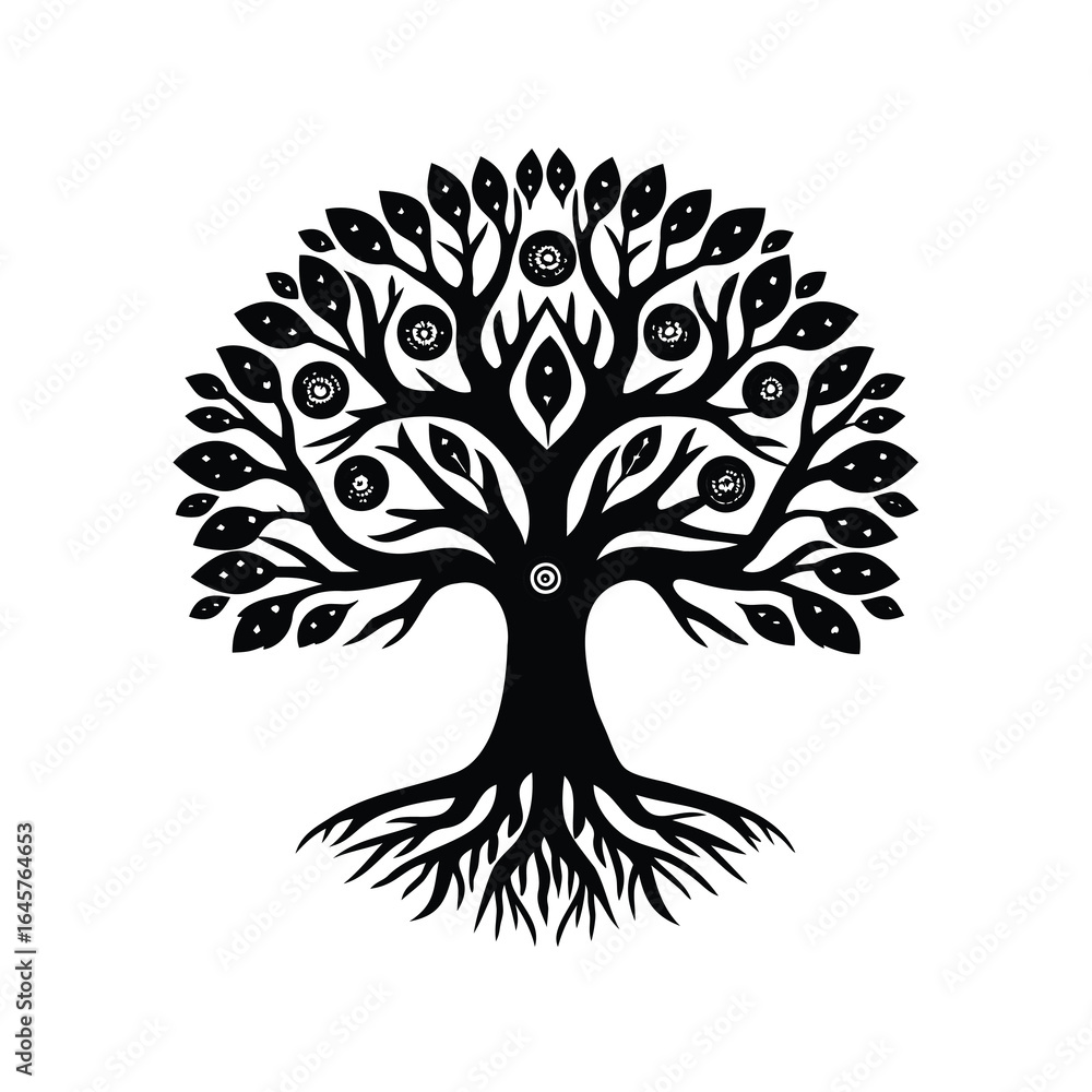 Obraz premium A stylized black tree with circular decorative elements and exposed roots isolated
