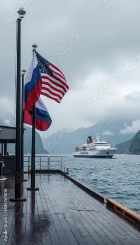 The American and Russian flags fly together while a cruise ship navigates Alaska's waters