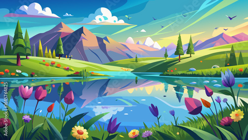 Soft breezes carry floral scents across vibrant meadows, as the reflection dances upon the lake’s glassy surface, blending reality and dream in a serene, semi-realistic vision of pastoral beauty.