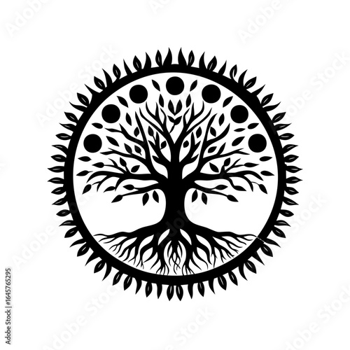 Monochrome depiction of a Tree of Life enclosed within a leafy circle