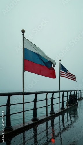 Flags of America and Russia wave on an Alaskan pier, symbolizing unity
