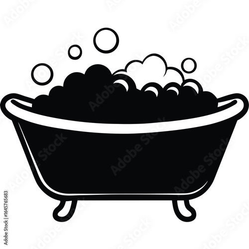 Black silhouette of a bathtub filled with bubbles and foam on a white background soap