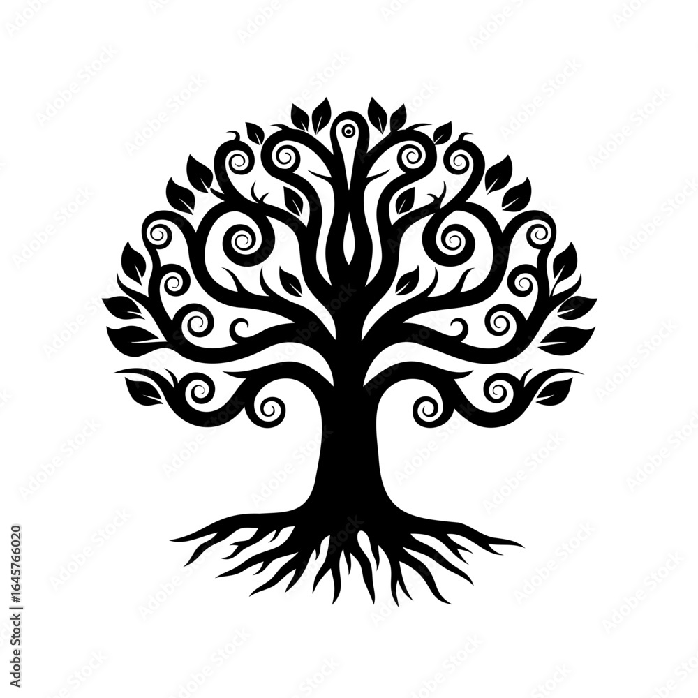 Obraz premium Stylized Tree of Life Illustration in Black and White with Swirls