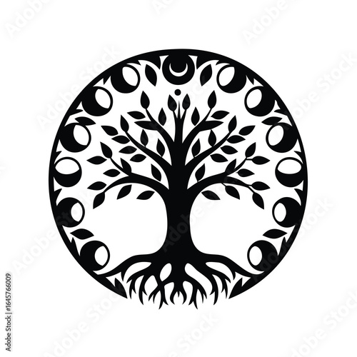 Detailed and Intricate Tree of Life with Lunar Phases in Circle