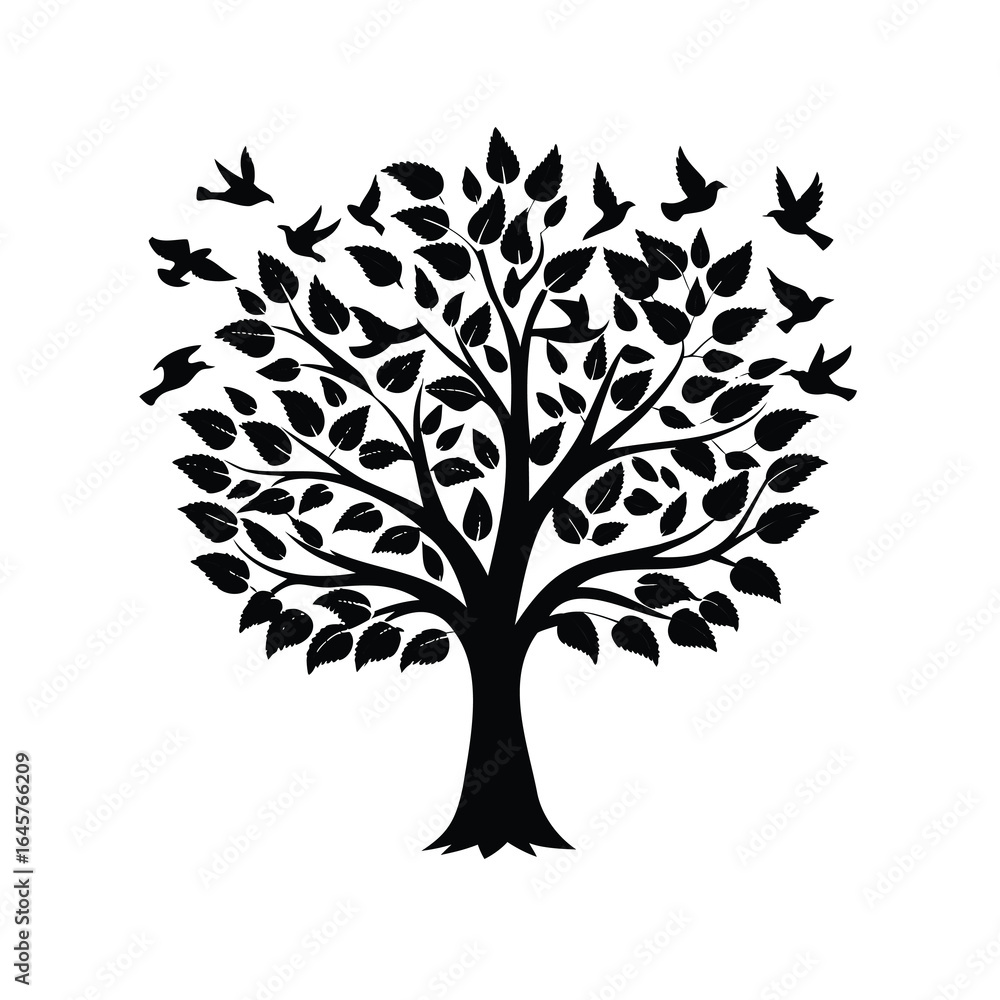 Obraz premium Black silhouette of a tree with leaves and birds flying around it
