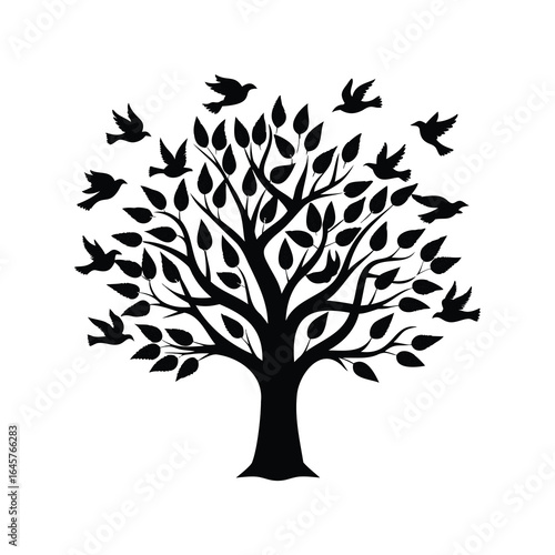 Silhouette Tree with Birds Taking Flight Representing Freedom and New Beginnings