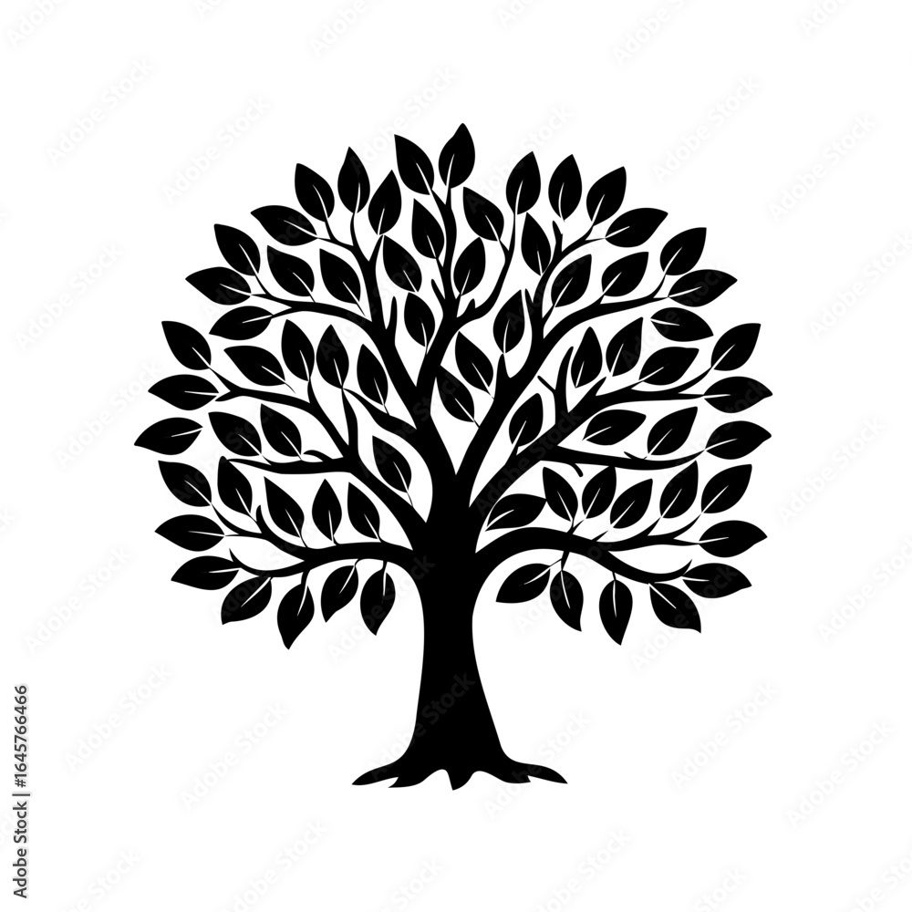 Fototapeta premium Single stylized tree with rounded canopy, branches, and leaves in silhouette