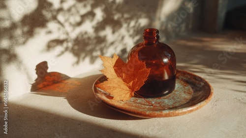 Amber Bottle with Autumn Leaf and Shadow on Rustic Surface