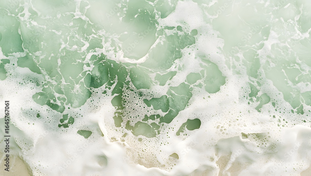 Naklejka premium A top view of the beach with waves and sand, with light green seawater, white foam on the shore, soft tones, minimalism