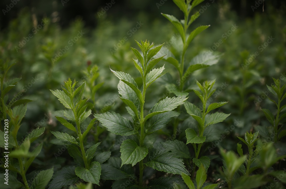 Obraz premium Vibrant Leafy Green Plants Thriving in Field Undergrowth ai generated