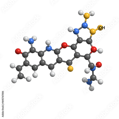 A precise three-dimensional molecular model, featuring various atoms and their intricate bonding arrangements, rendered with clarity for advanced chemical and scientific study and research.