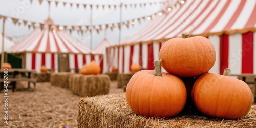 Fall festival vibes concept. Pumpkins in front of striped tents at a festive outdoor event.