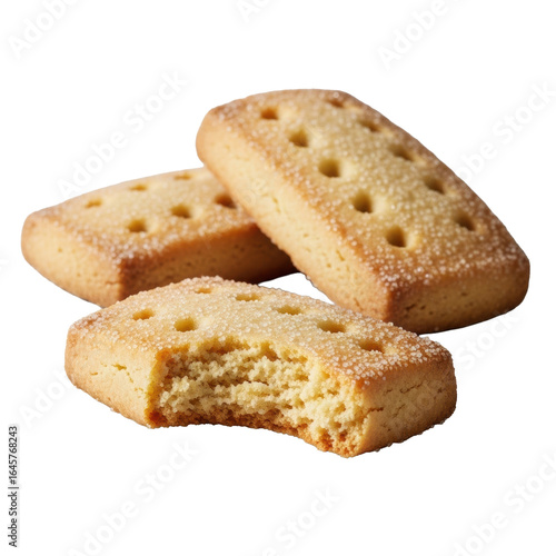 Photorealistic macro of three Scottish shortbread fingers, one with a clean bite showing golden crumbly interior, on a transparent studio background, inviting culinary perfection