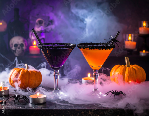 Two Halloween cocktails with spooky decorations, surrounded by pumpkins, candles, and fog.