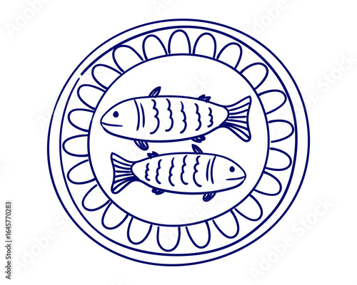 Decorative plate design featuring two fish in a circular pattern inspired by traditional art styles
