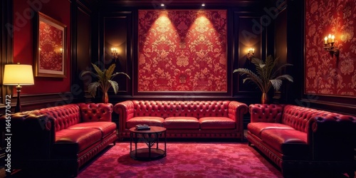 Luxurious Red Leather Lounge Set in an Elegant Crimson Room with Ornate Wallpaper and Decorative Lighting