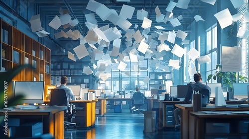 Chaotic office scene during a simulated earthquake