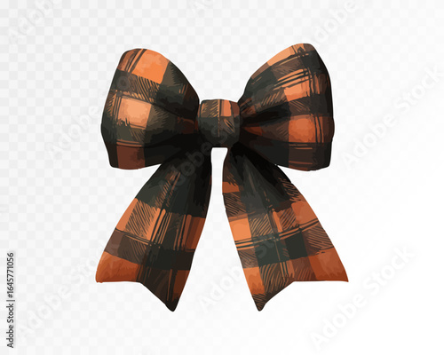 Orange and black plaid watercolor bow with autumn harvest vibe, perfect for seasonal decorations, Halloween themes, and rustic packaging. Vector illustration.