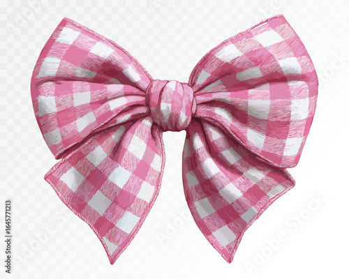 Pink gingham check watercolor bow with crisp fabric texture and pointed ribbon ends, perfect for rustic gift wrapping, country decor, and vintage fashion styling. Vector illustration.