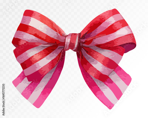 Watercolor red and pink striped bow with a glossy texture, perfect for festive gift wrapping, holiday decorations, and romantic designs. Vector illustration.