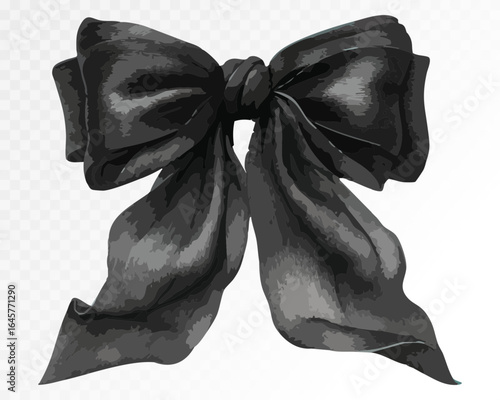 Black watercolor bow with long hanging ribbons and a soft fabric texture, ideal for chic event decor, gift wrapping, and luxury accessory design. Vector illustration.