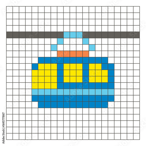 A flat pixel design made of geometric square color blocks on a clean grid layout. Pixel art gondola lift