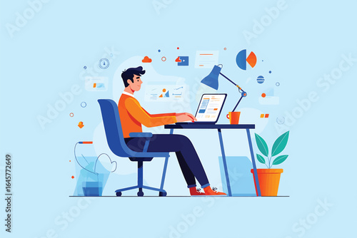 A vector illustration of a young man working on a laptop at a modern desk. Flat character concept for remote work, freelancing, and online business.
