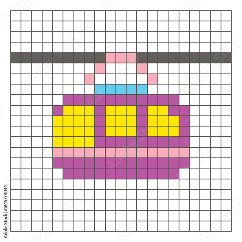 A flat pixel design made of geometric square color blocks on a clean grid layout. Pixel art gondola lift