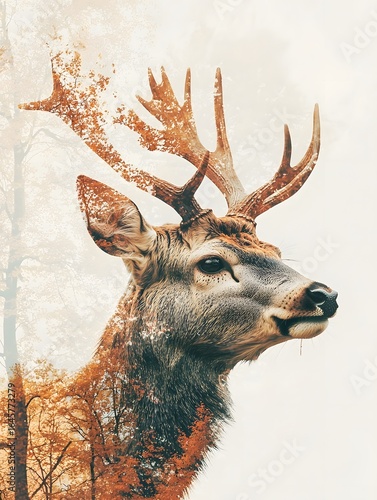 Dreamy double exposure of a deer in an autumn forest