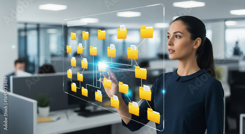 Office Worker Holographic File Directory Yellow Folder Icons Hierarchical Cyber Interface