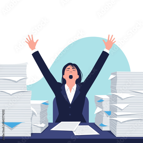 Overwhelmed businesswoman with arms raised surrounded by stacks of paper documents at her desk