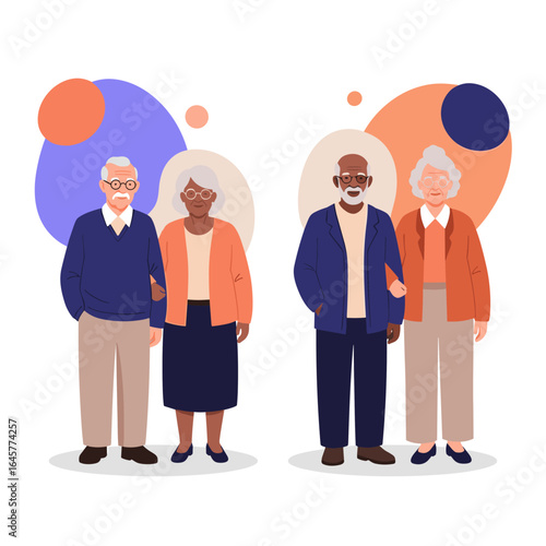 Diverse older couples enjoying their golden years together in artistic representation