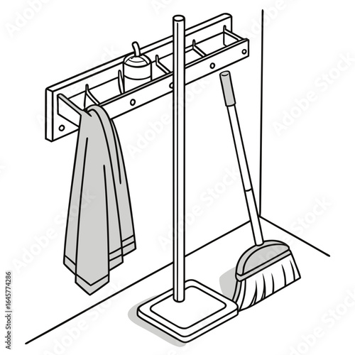 Wall mounted cleaning tool holder with broom mop and cloth