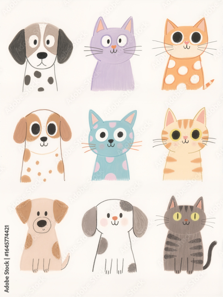 Obraz premium A large collection of cute pet animal cartoon characters