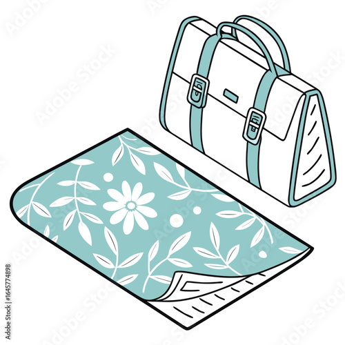 White bag with teal straps and floral blanket lightweight picnic blanket
