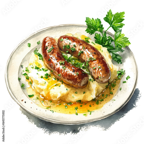 Bangers And Mash, watercolor painting, vector illustration, isolated on a white background.