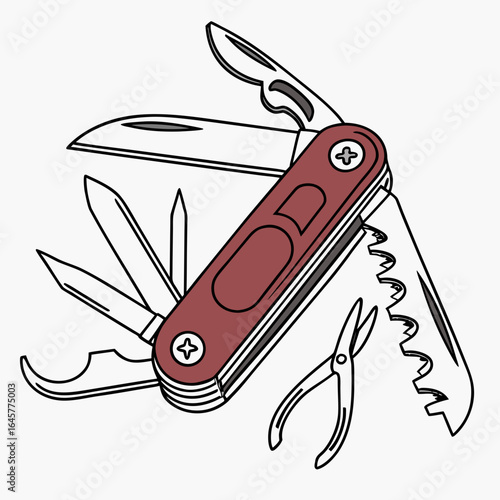 Maroon multi tool with open blades and scissors pocket knife