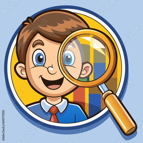 Cartoon boy smiling with magnifying glass on colorful background  